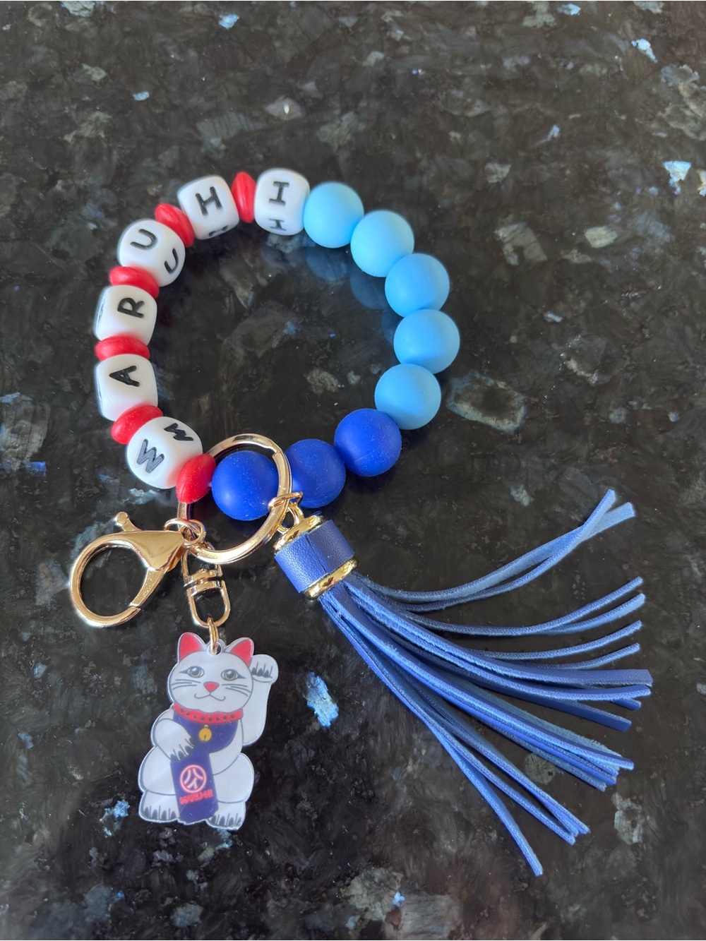 Unisex New Custom Beads Wristlet Keychain with Maneki Neko Lucky Cat & Tassel